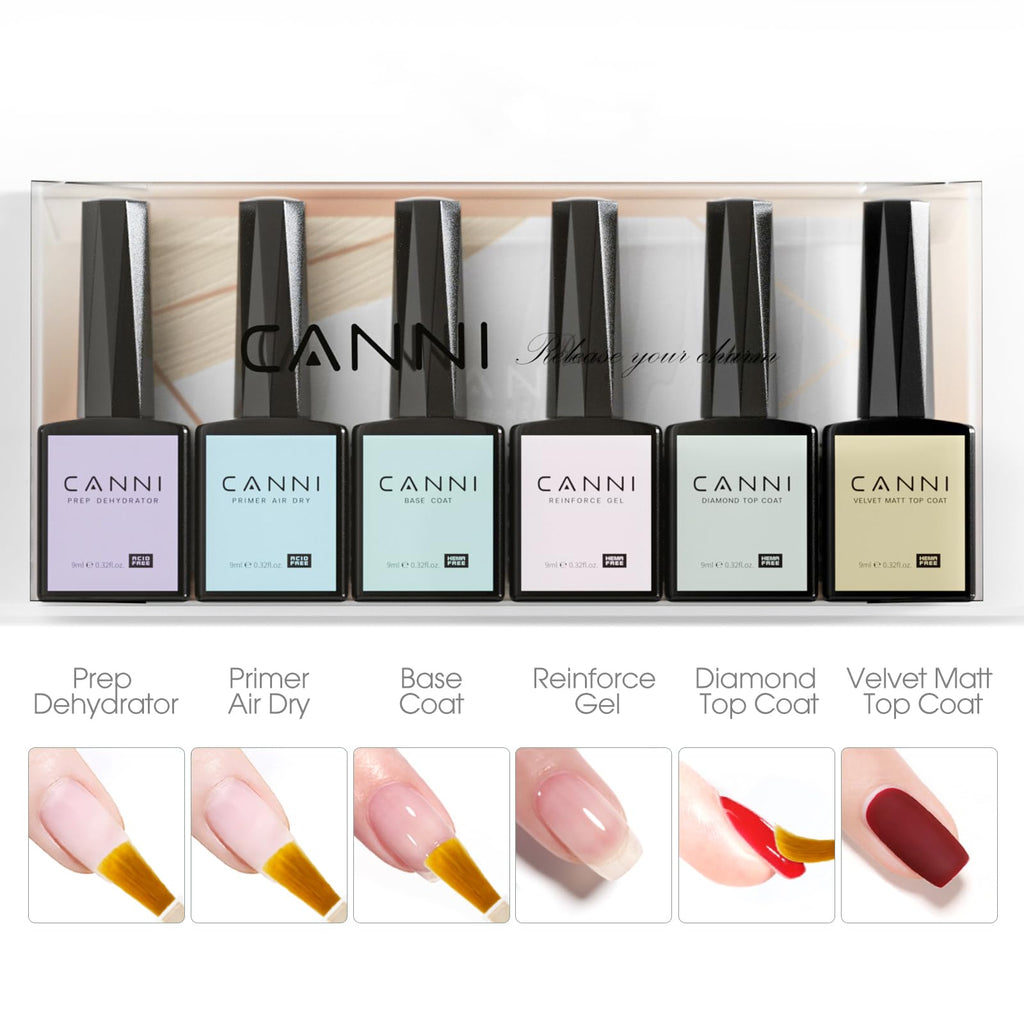 CANNI 6Pcs 9ml Hema-Free Gel Nail Polish Set – Dehydrator, Primer, Base & Top Coats