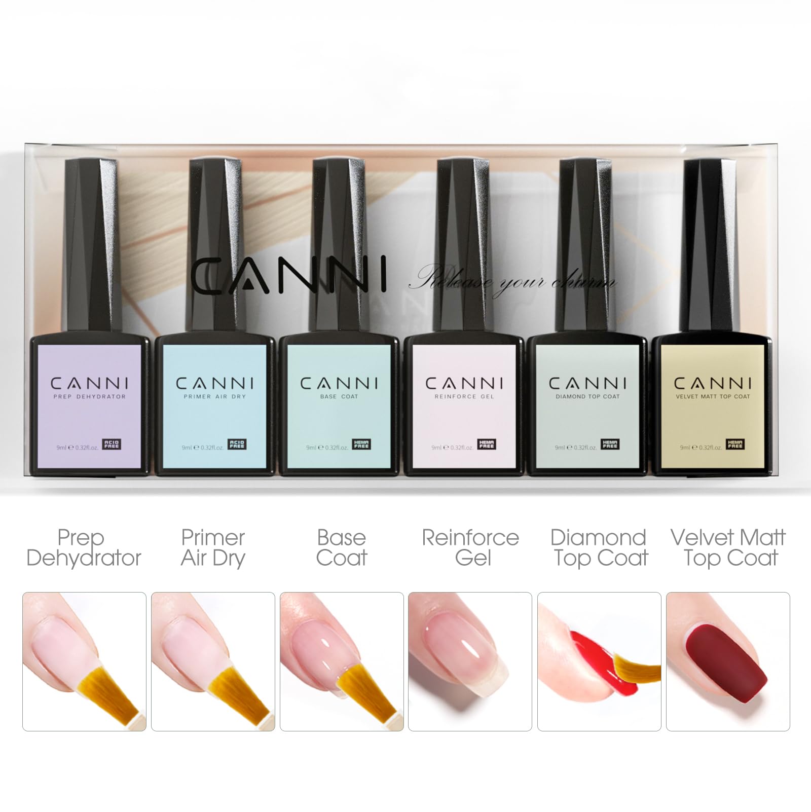 CANNI 6Pcs 9ml Hema-Free Gel Nail Polish Set – Dehydrator, Primer, Base & Top Coats