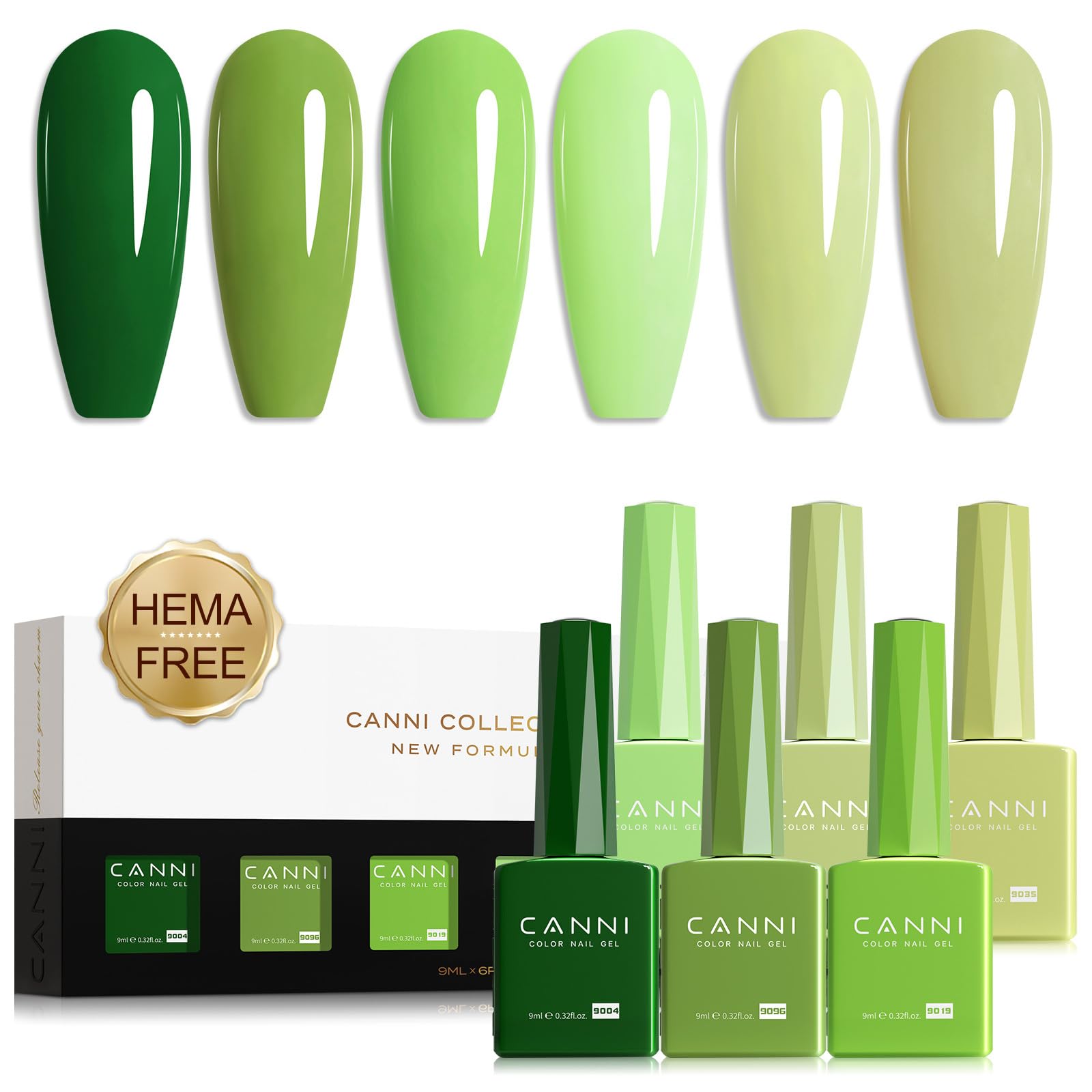CANNI Green Gel Nail Polish Set – 6 Colors (Olive, Evergreen, Sage, Mint, Light Green), 9ml Soak-Off UV LED Gel Kit