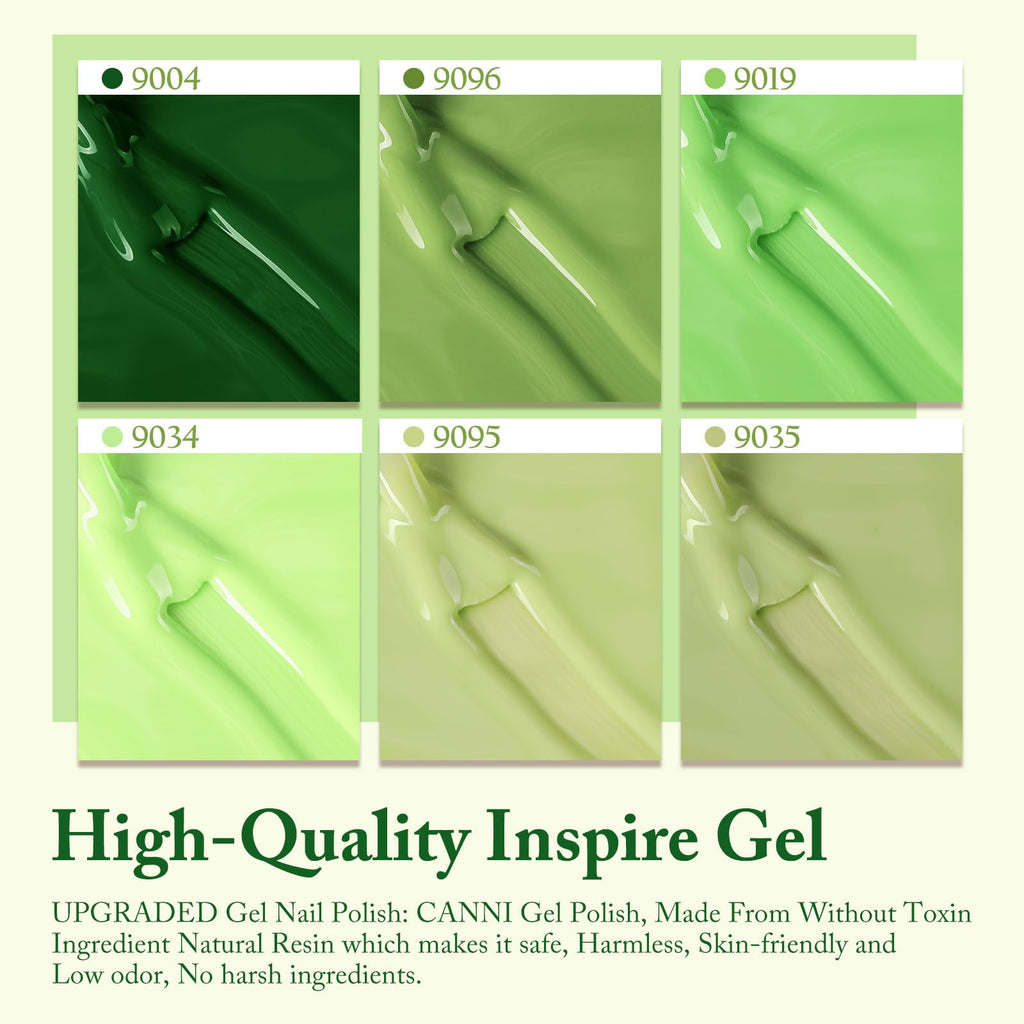 CANNI Green Gel Nail Polish Set – 6 Colors (Olive, Evergreen, Sage, Mint, Light Green), 9ml Soak-Off UV LED Gel Kit