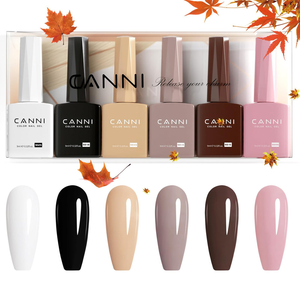 CANNI 9ml Hema-Free Gel Nail Polish Set – 6 Fall Colors (White, Black, Nude, Pink, Brown) Soak-Off LED Kit