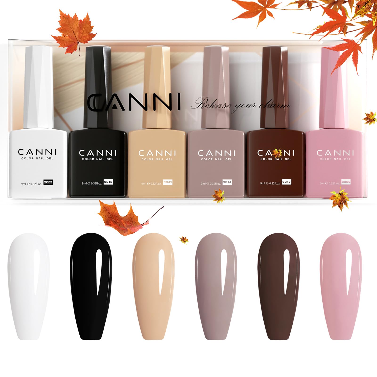 CANNI 9ml Hema-Free Gel Nail Polish Set – 6 Fall Colors (White, Black, Nude, Pink, Brown) Soak-Off LED Kit