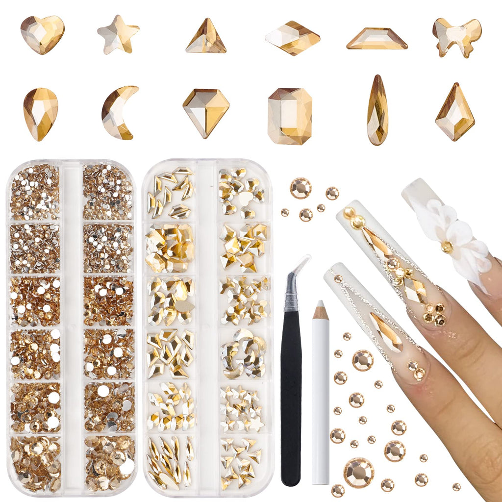 Canvalite 2518Pcs Nail Rhinestones Kit – 12 Styles, 3D Glass Champagne Crystals, Gems Picker & Tweezers for DIY Nail Art