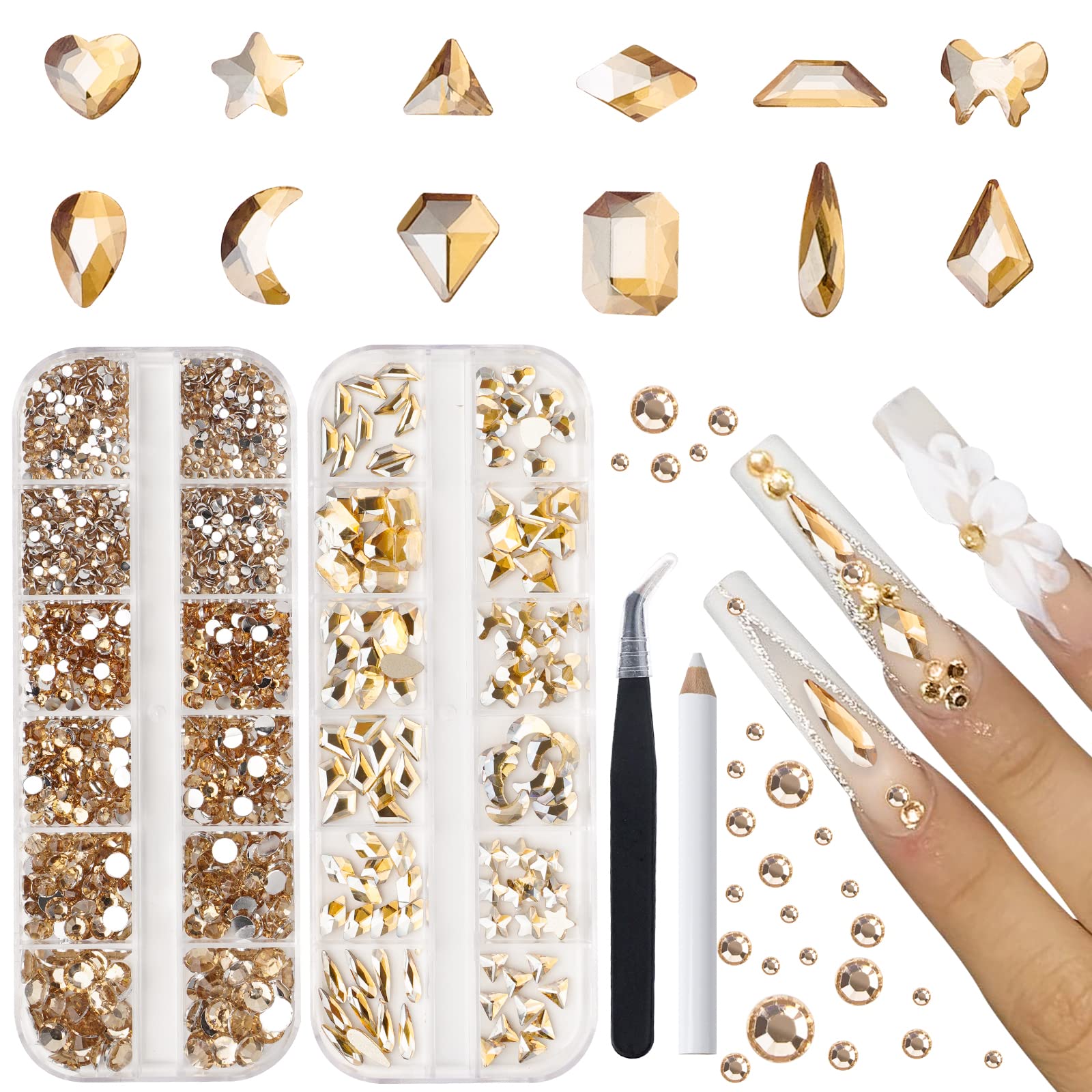 Canvalite 2518Pcs Nail Rhinestones Kit – 12 Styles, 3D Glass Champagne Crystals, Gems Picker & Tweezers for DIY Nail Art