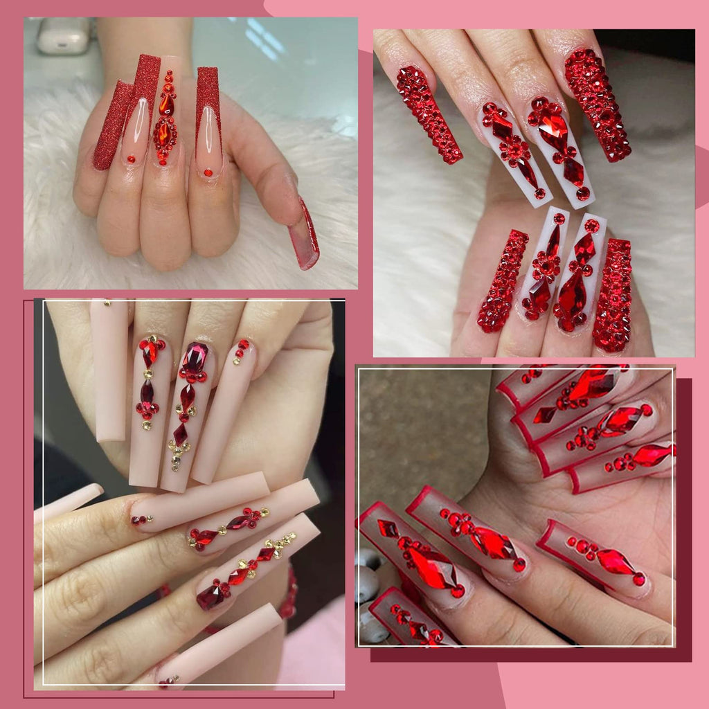 CANVALITE 2900Pcs Red Rhinestones Nail Art Kit – 18 Styles, 2720 Flatback Crystals, Tweezers & Picker