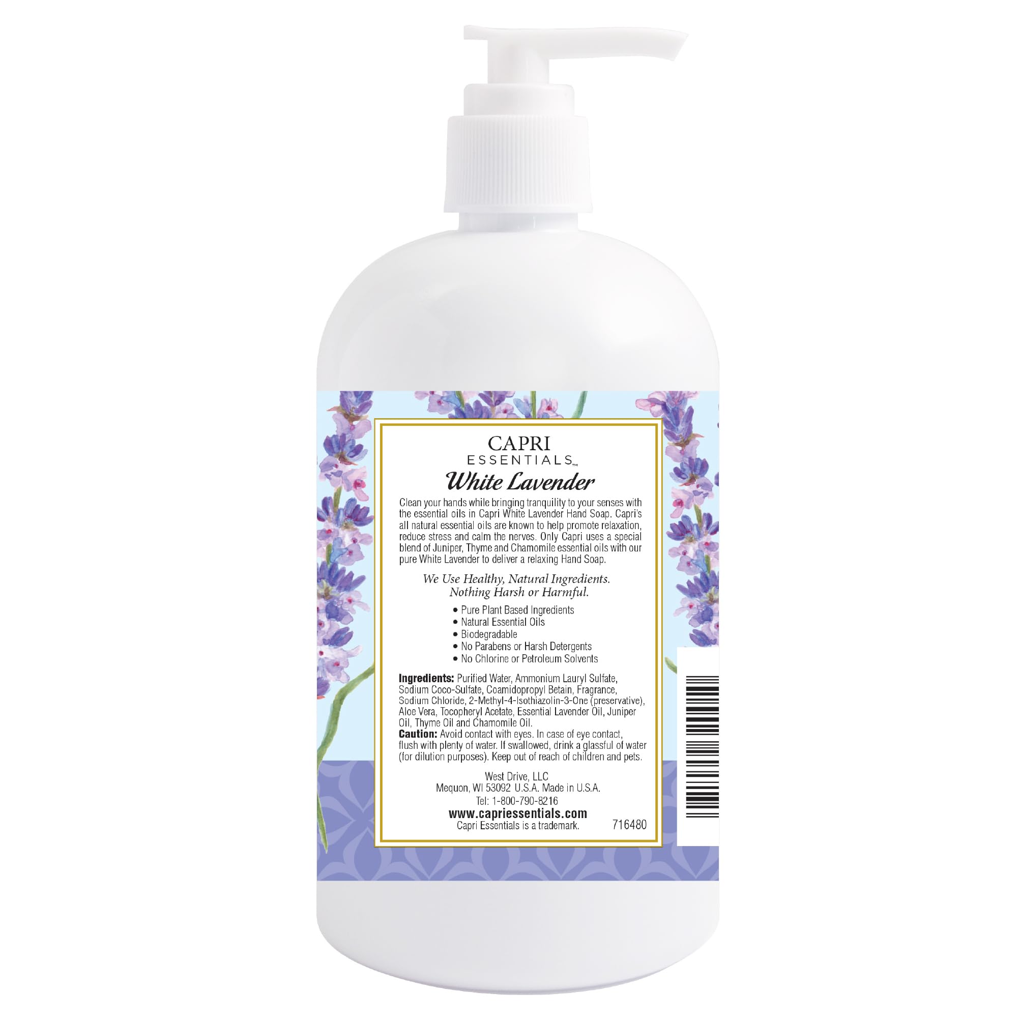 CAPRI ESSENTIALS Hand Soap Liquid – Natural Plant-Based Aromatic Hand Wash with White Lavender, 16 oz (3 Pack)