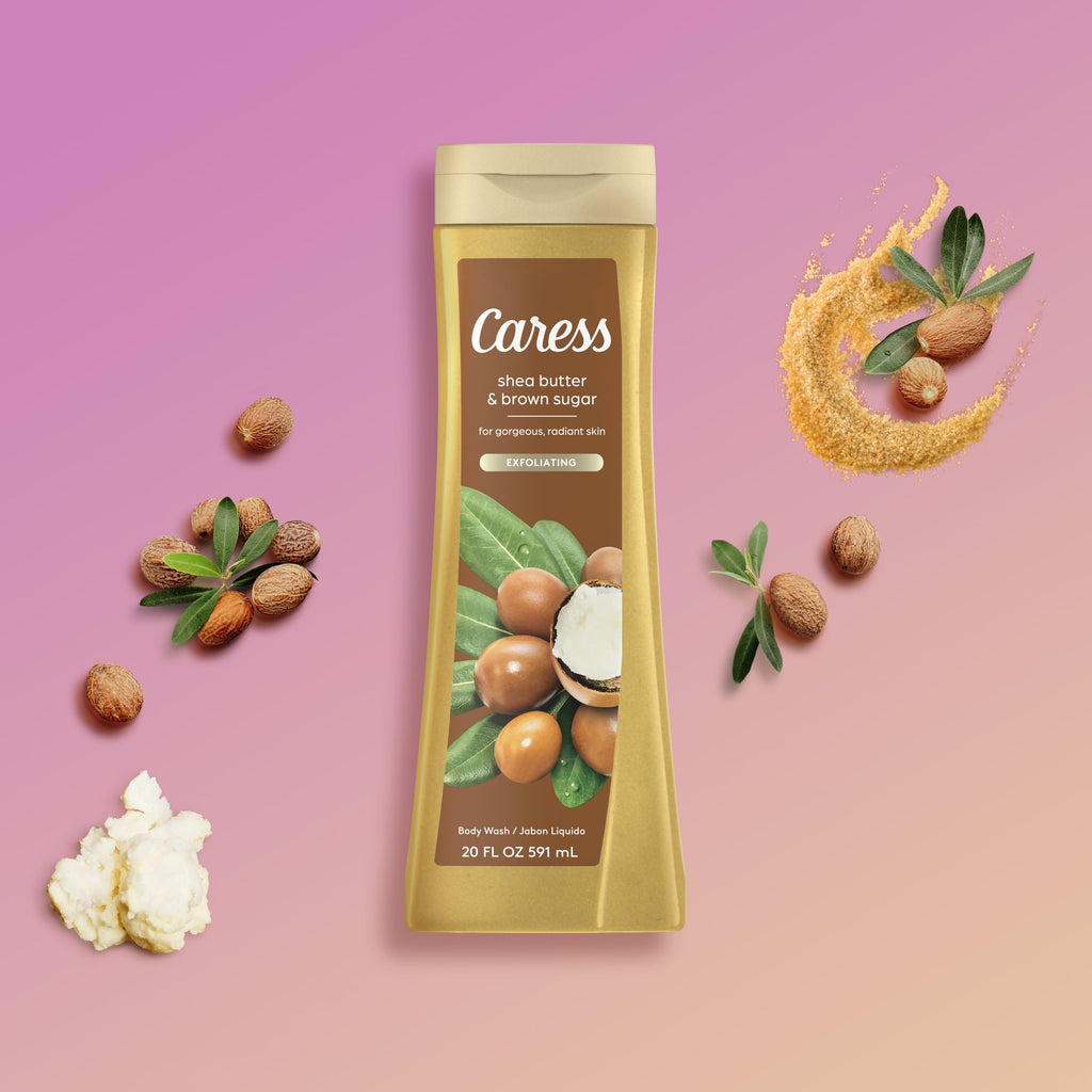 Caress Body Wash with Shea Butter & Brown Sugar — Moisturizing Exfoliating Soap, 2 x 20 oz