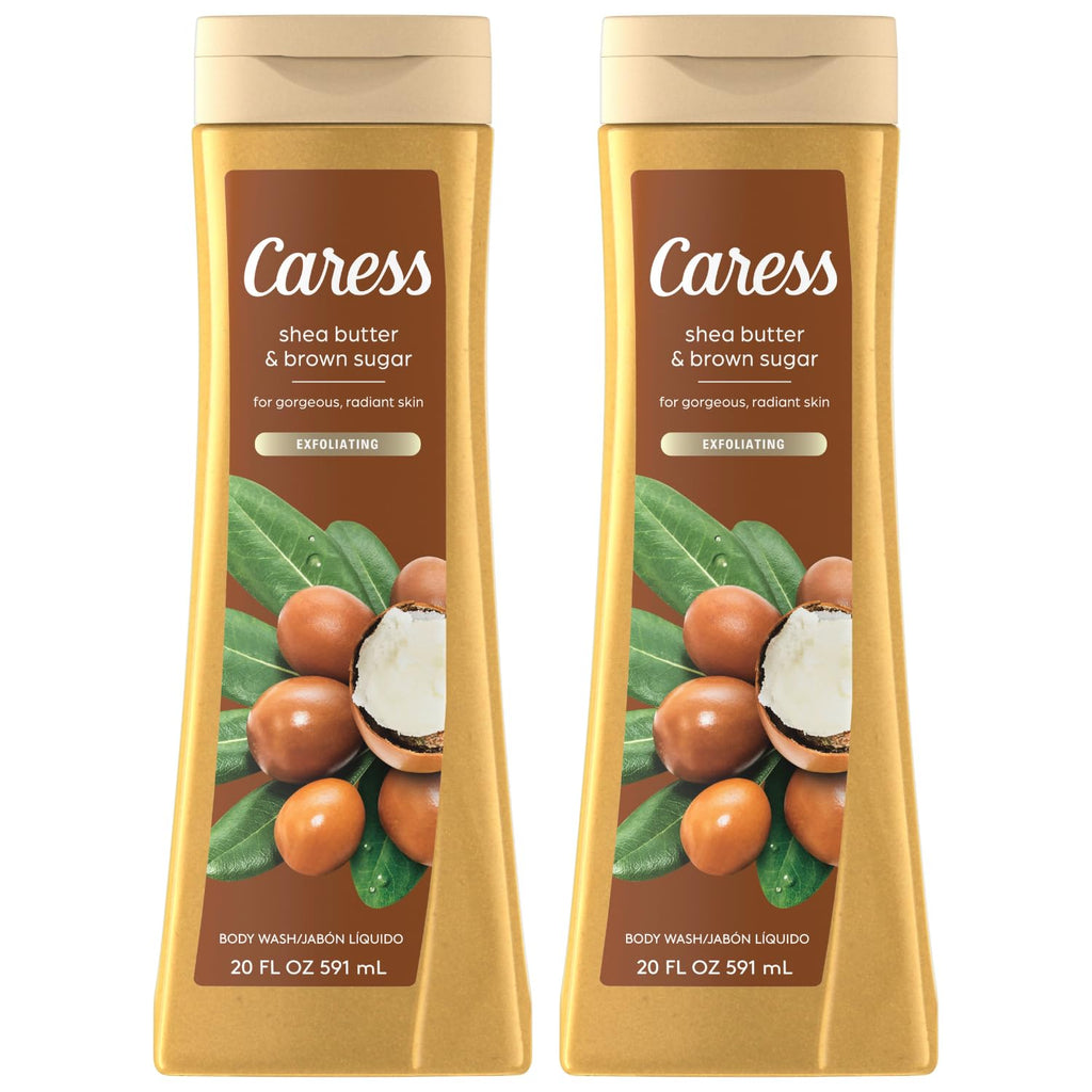 Caress Body Wash with Shea Butter & Brown Sugar — Moisturizing Exfoliating Soap, 2 x 20 oz
