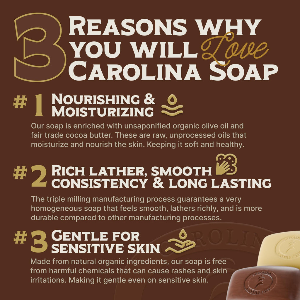 Carolina Castile Soap Bay Rum Bar Pack – Vegan Castile Soap with Olive Oil & Cocoa Butter (3 Bars)