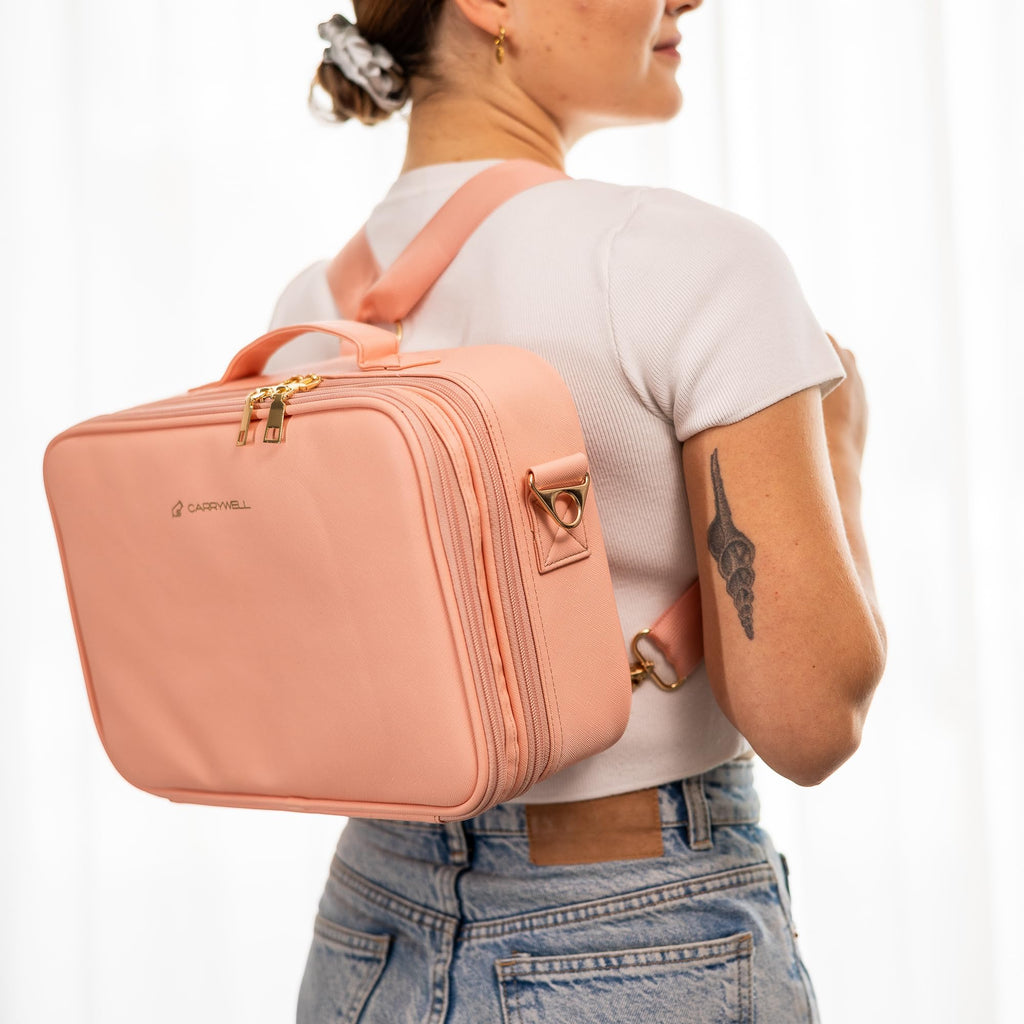 Carrywell Makeup Bag Travel Case – Not Made in China, Hard Train Case for Cosmetics, Adjustable Dividers, Medium Pink