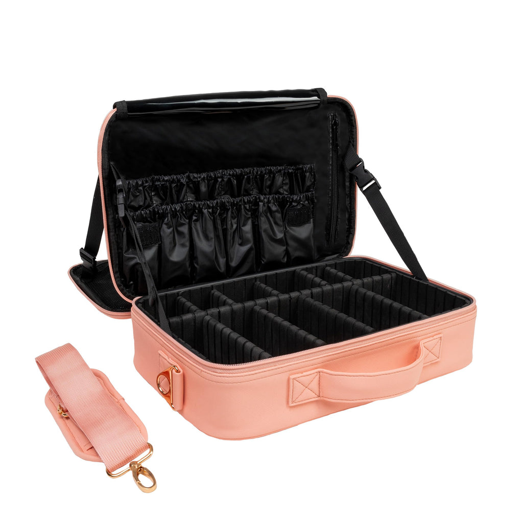Carrywell Makeup Bag Travel Case – Not Made in China, Hard Train Case for Cosmetics, Adjustable Dividers, Medium Pink