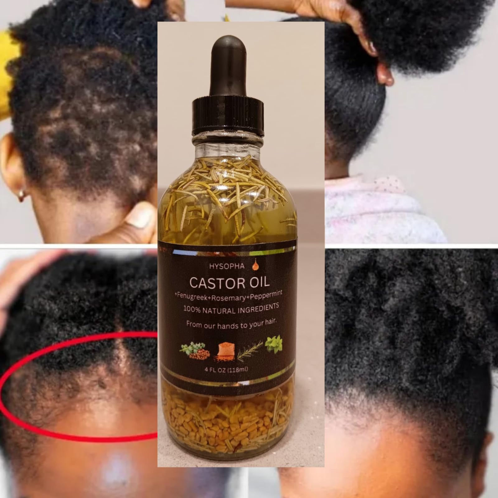 Castor Oil Hair Growth with Rosemary, Fenugreek & Peppermint – 100% Pure Organic, 4 oz