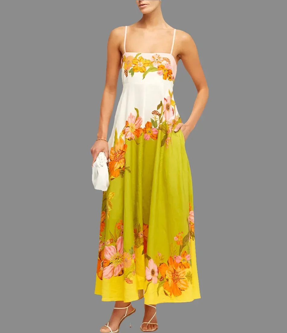 Casual Summer Dress For Women -  High Waist Sleeveless Linen Swing Dress in Elegant Print