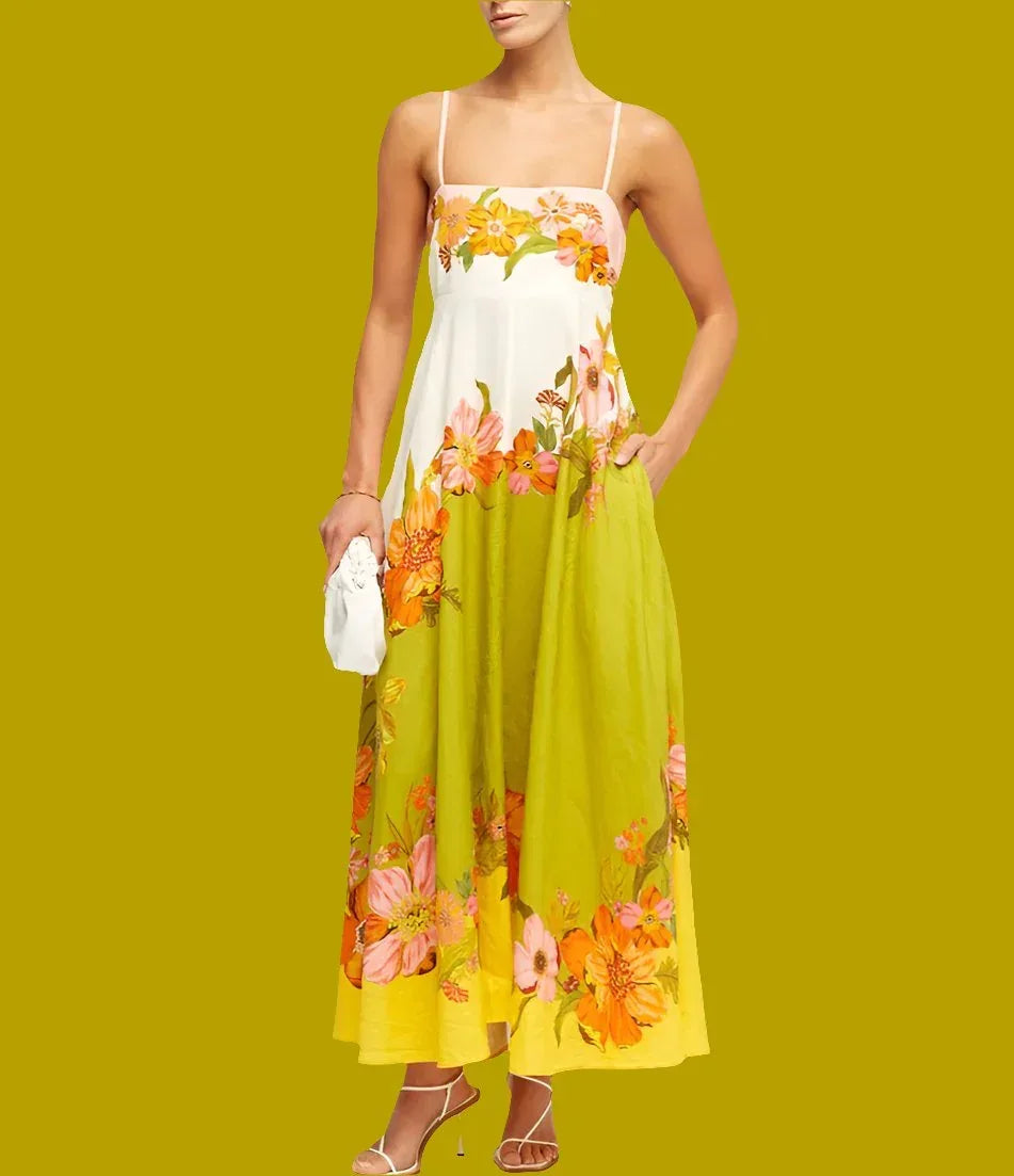 Casual Summer Dress For Women -  High Waist Sleeveless Linen Swing Dress in Elegant Print