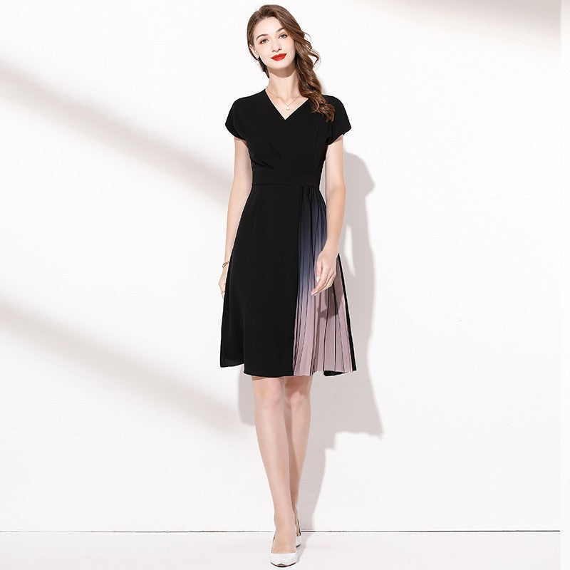 Slim Gradient Pleated Patchwork Black Dress