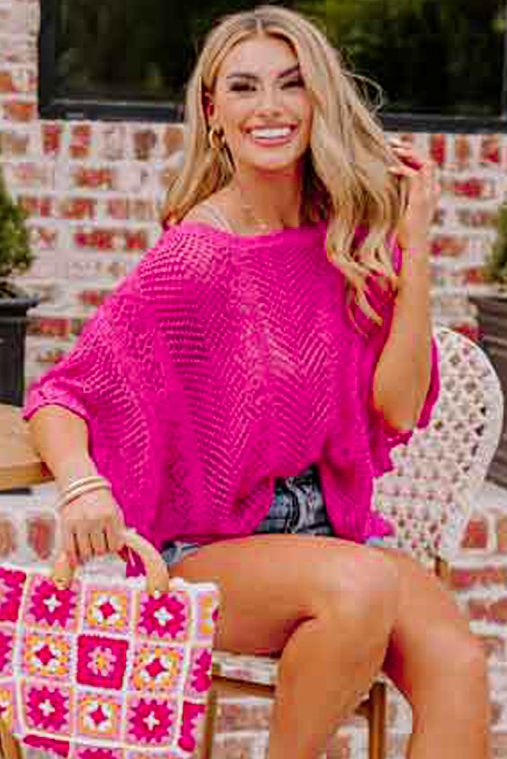 Pink Pointelle Knit Top Women UK | Scalloped Short Sleeve