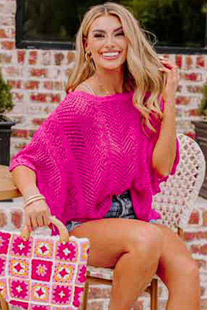 Pink Pointelle Knit Top Women UK | Scalloped Short Sleeve