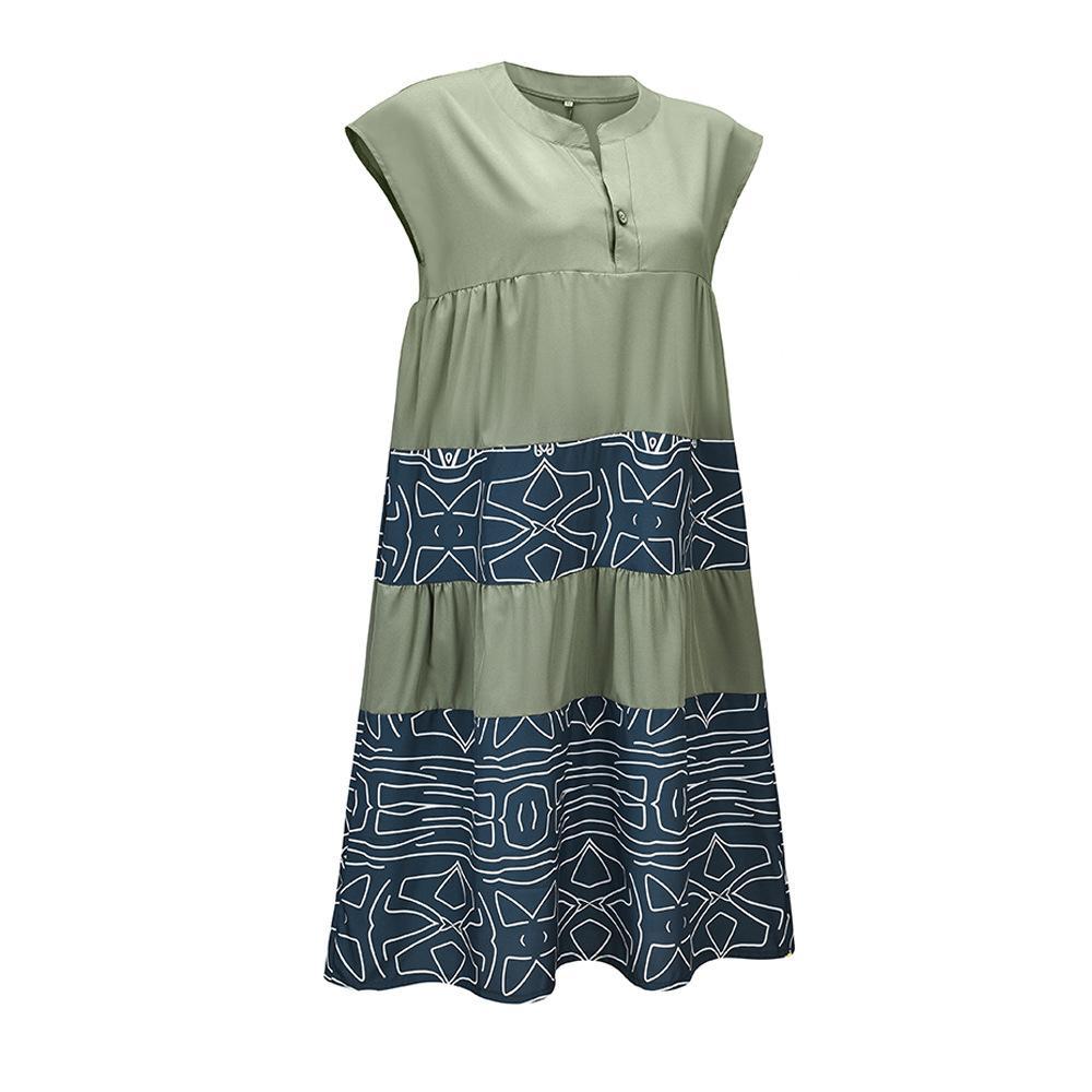 Ladies Printed Patchwork Sleeveless V-Neck Loose Retro Dress