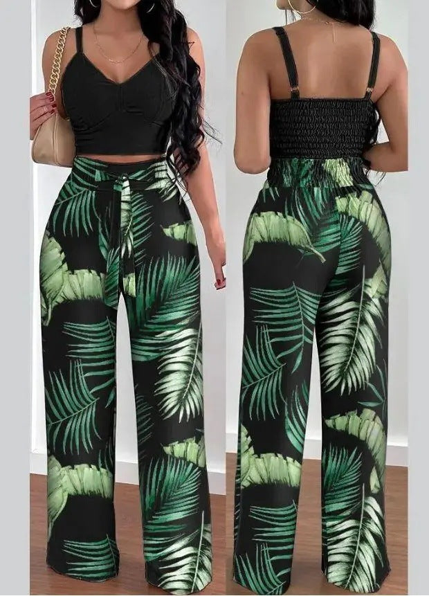 Women's Solid Color Slim Elastic Pleated Two-Piece Suit Sexy Spaghetti Strap V-neck Backless Vest High Waist Wide Leg Pants Suit