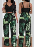Women's Solid Color Slim Elastic Pleated Two-Piece Suit Sexy Spaghetti Strap V-neck Backless Vest High Waist Wide Leg Pants Suit