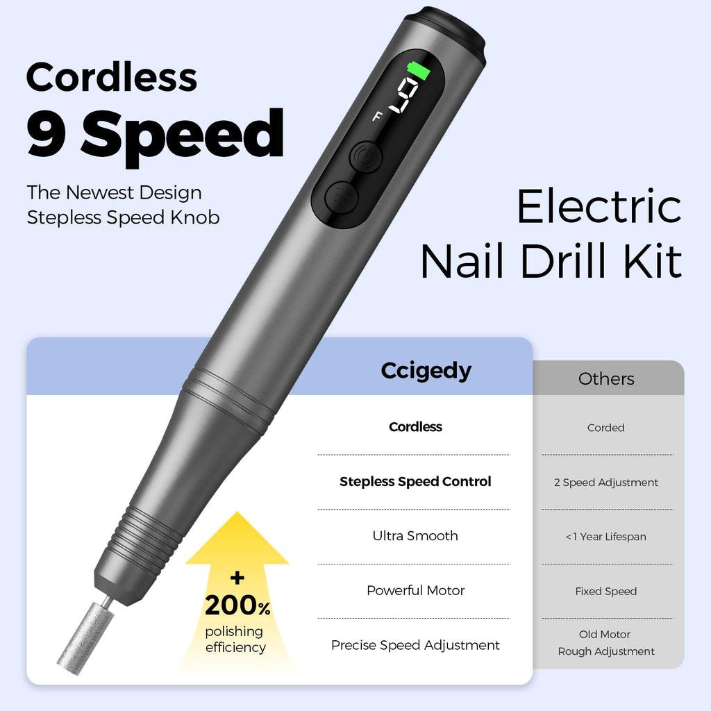Ccigedy 6-in-1 Electric Nail Drill Kit – Cordless Nail File with 9-Speed LED