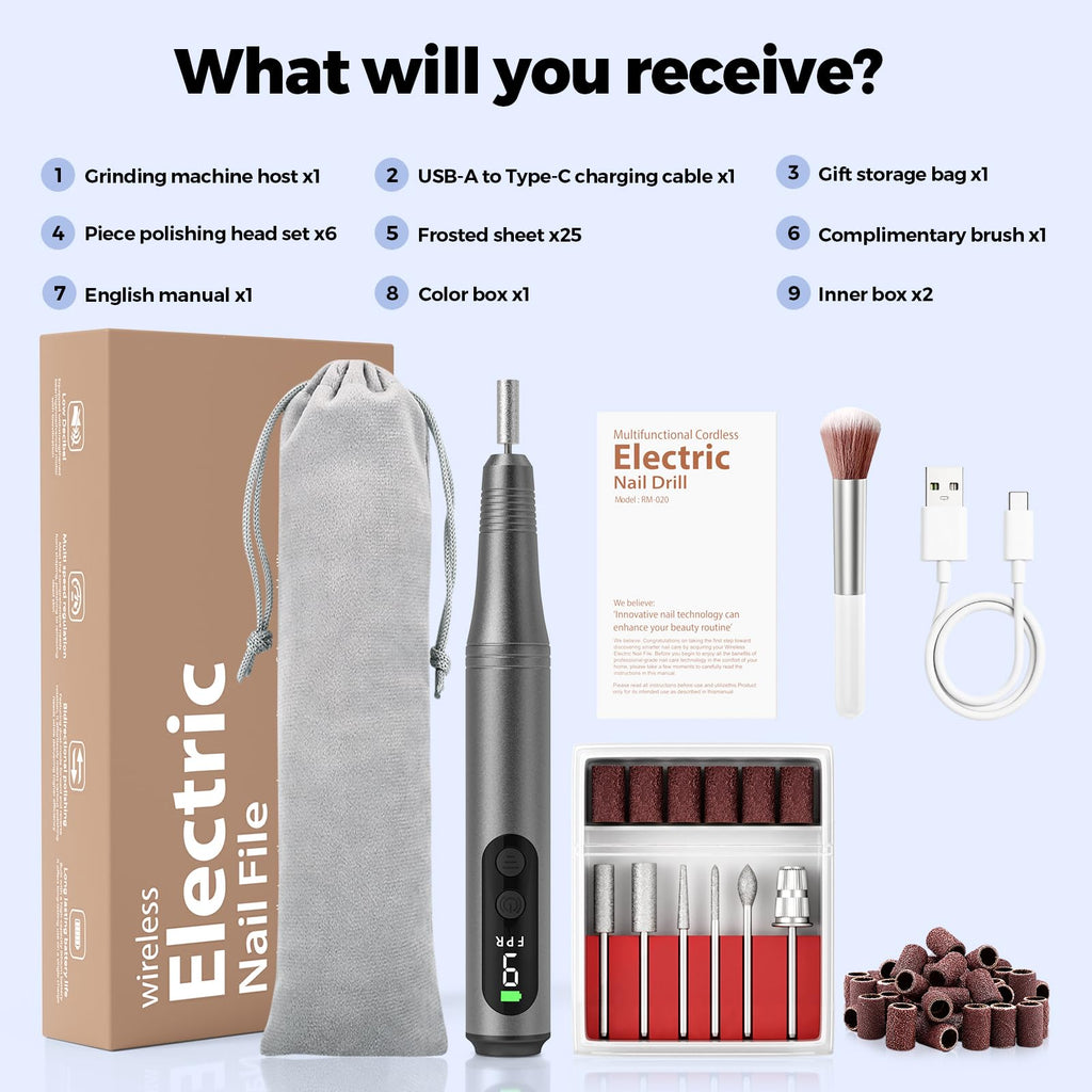 Ccigedy 6-in-1 Electric Nail Drill Kit – Cordless Nail File with 9-Speed LED