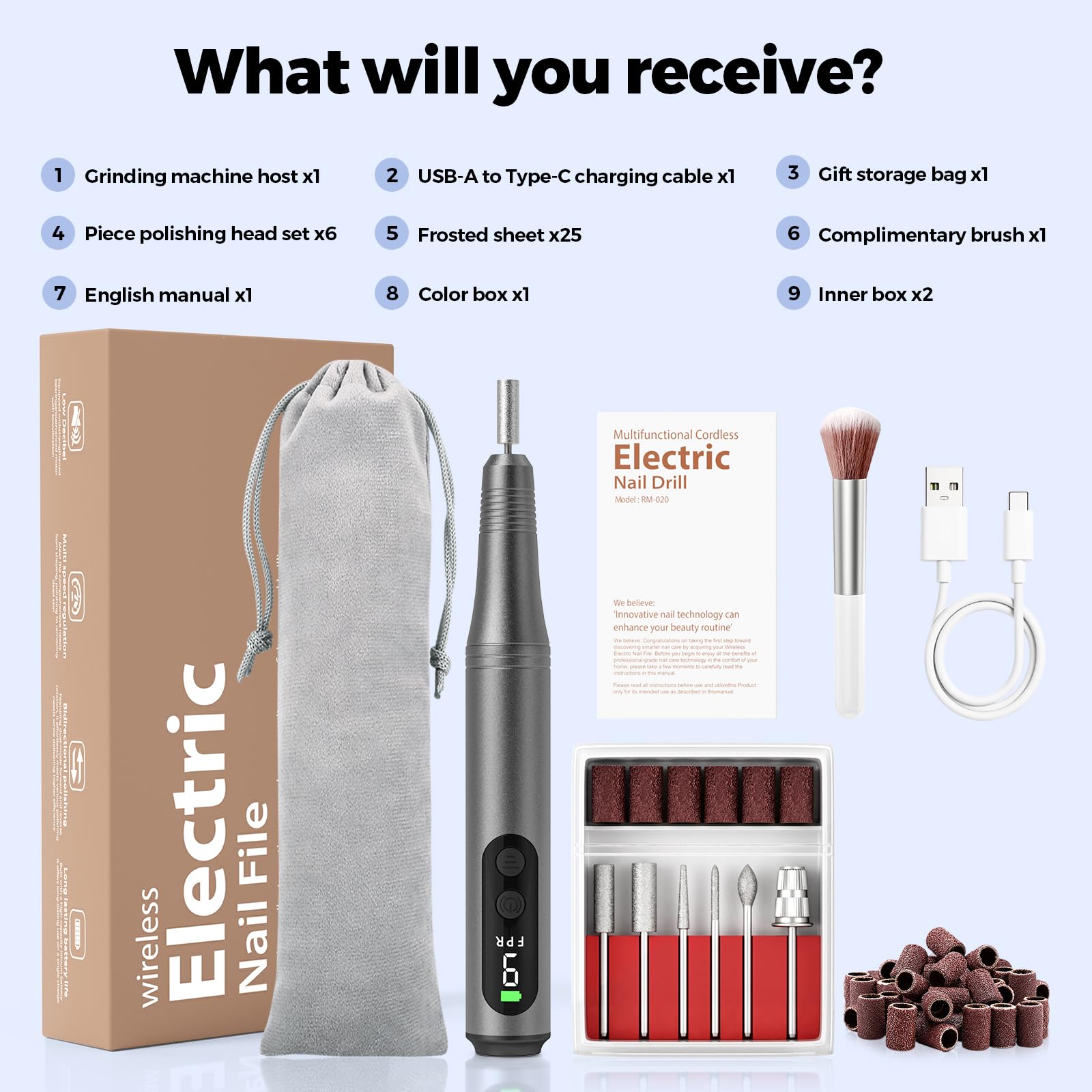 Ccigedy 6-in-1 Electric Nail Drill Kit – Cordless Nail File with 9-Speed LED