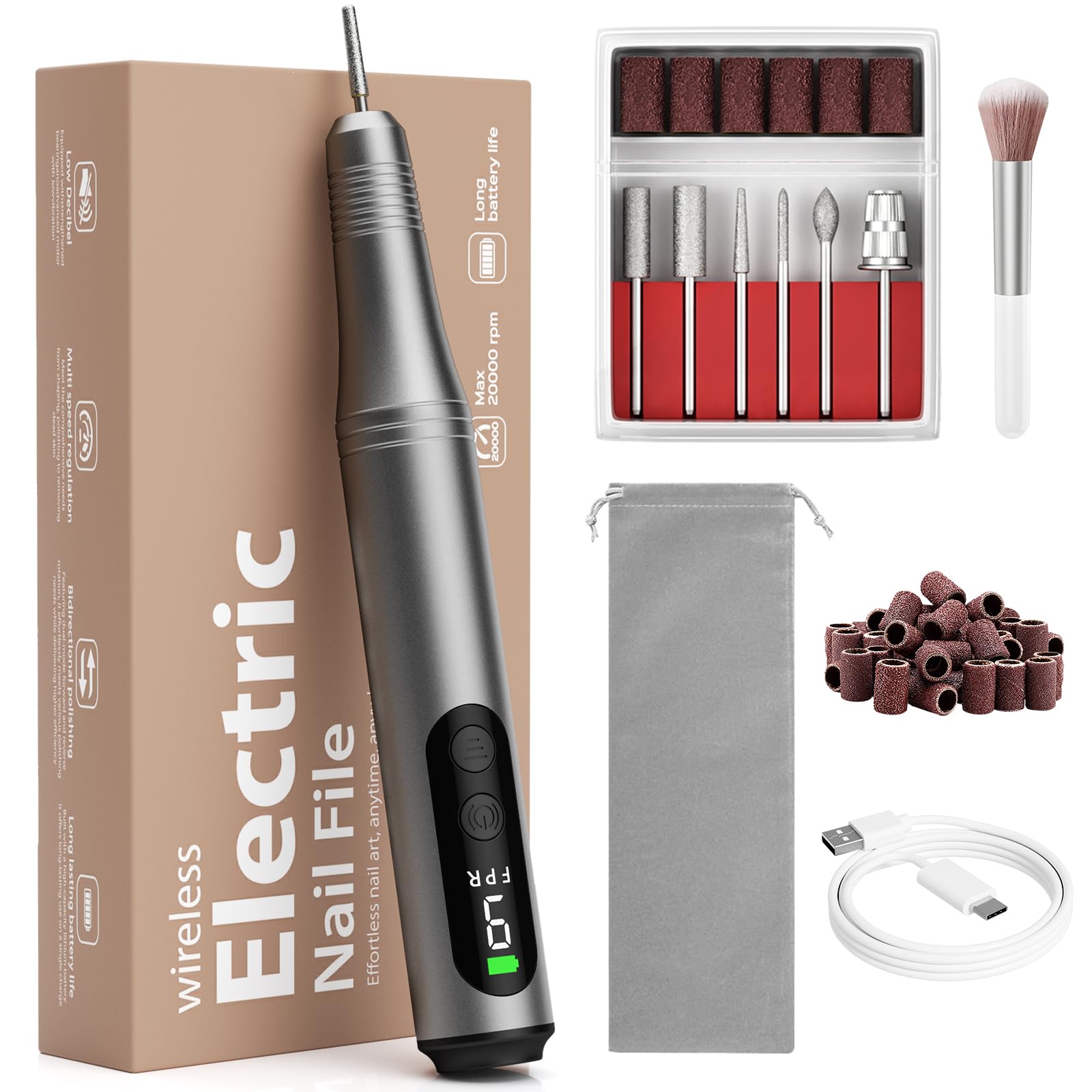 Ccigedy 6-in-1 Electric Nail Drill Kit – Cordless Nail File with 9-Speed LED