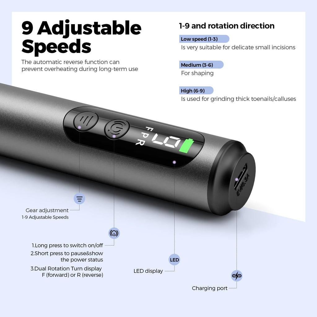 Ccigedy 6-in-1 Electric Nail Drill Kit – Cordless Nail File with 9-Speed LED
