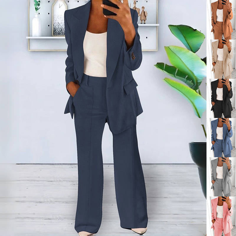 Ins Button Casual Suit Fashion Long-sleeved Lapel Blazer Jacket And Slim-fit Pocket Trousers For Women Clothing