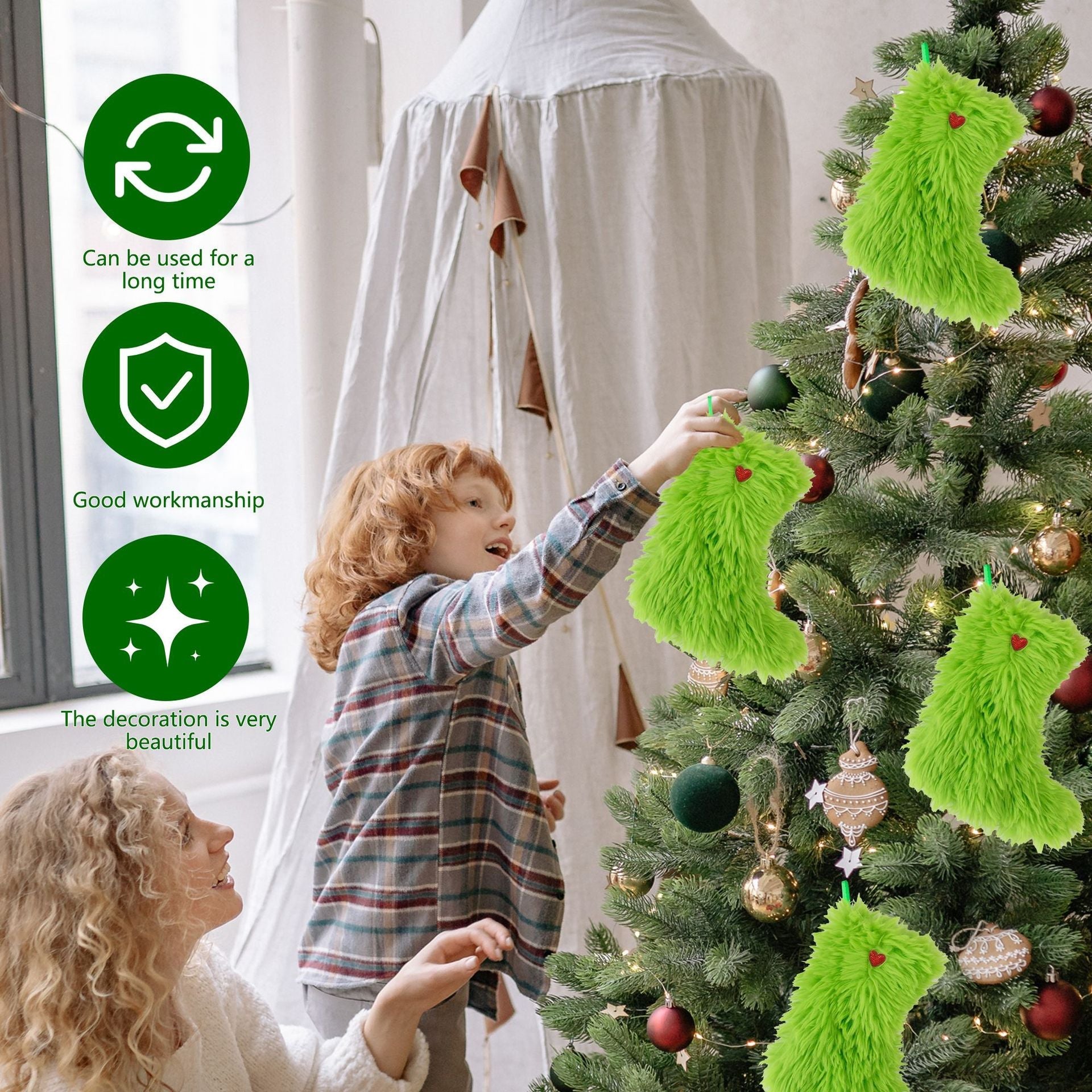 Christmas Green Fur Ornament Christmas Stockings Plush Candy Gift Bag