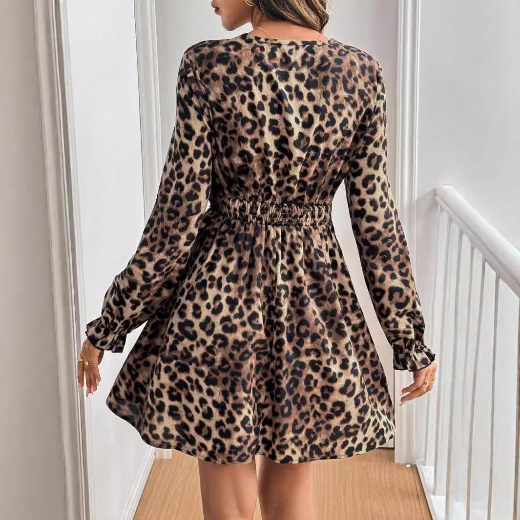 Leopard Print Lace Patchwork Long Sleeve Women Dress