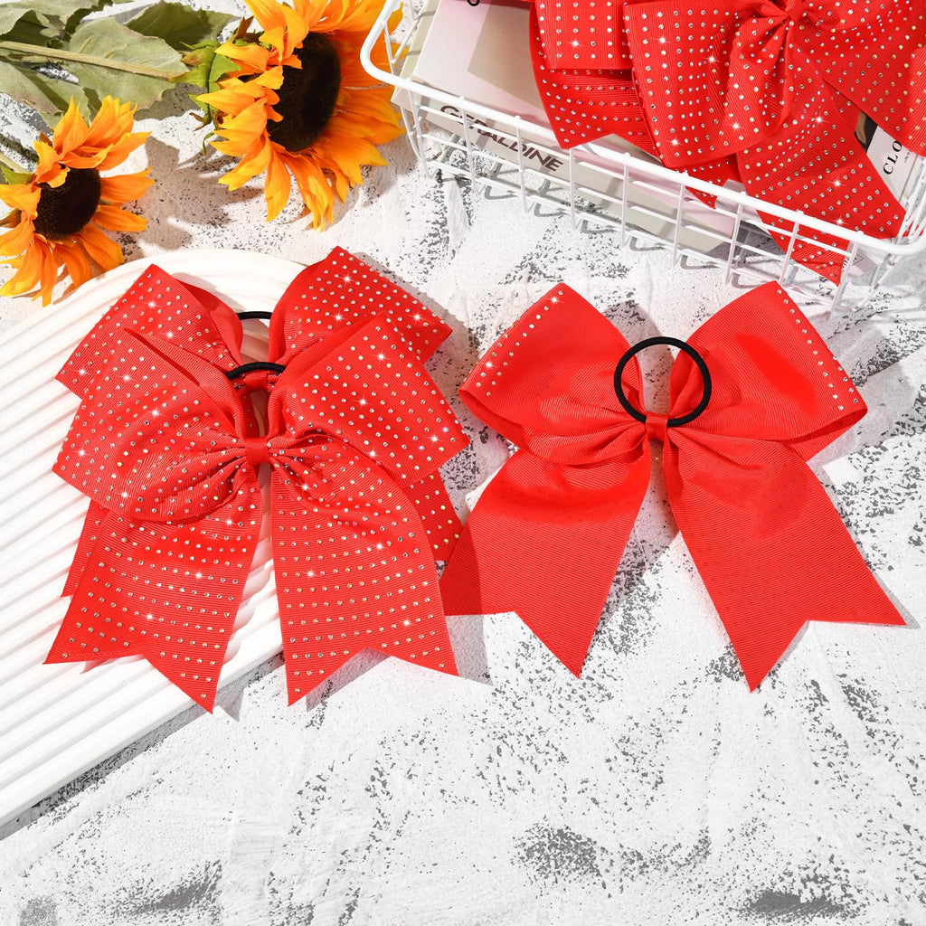 CEELGON 12 PCS Red Glitter Cheer Bows | 8-inch Large Rhinestone Hair Bows for Teens