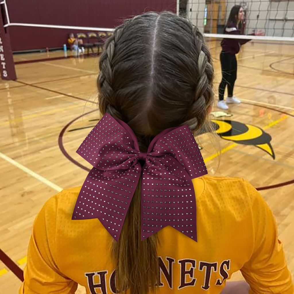 CEELGON 12 PCS Burgundy Glitter Cheer Bows – 8” Large Rhinestones for Teens