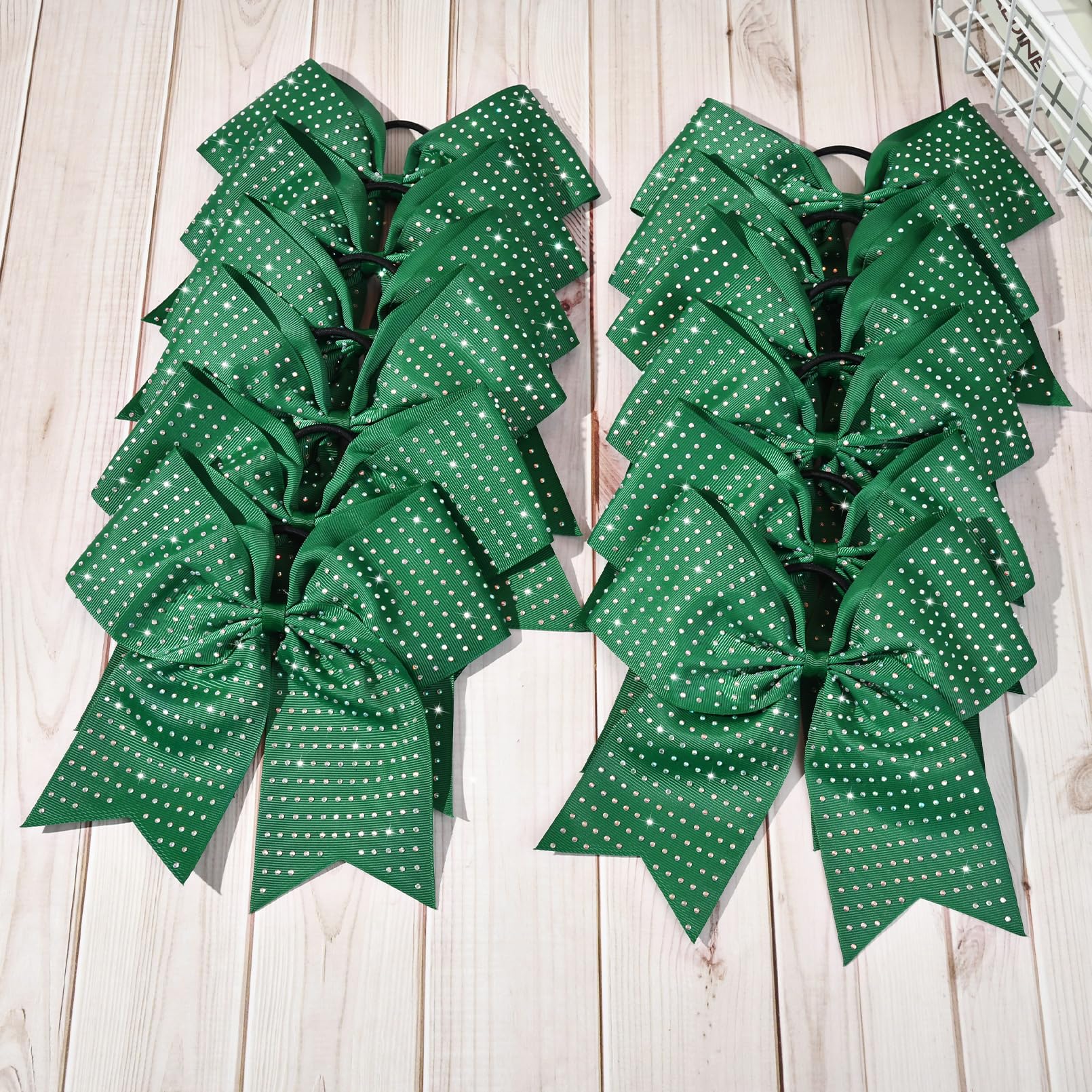 CEELGON 12-Pack Forest Green Glitter Cheer Bows – Large 8-Inch Rhinestone Hair Ties for Teens
