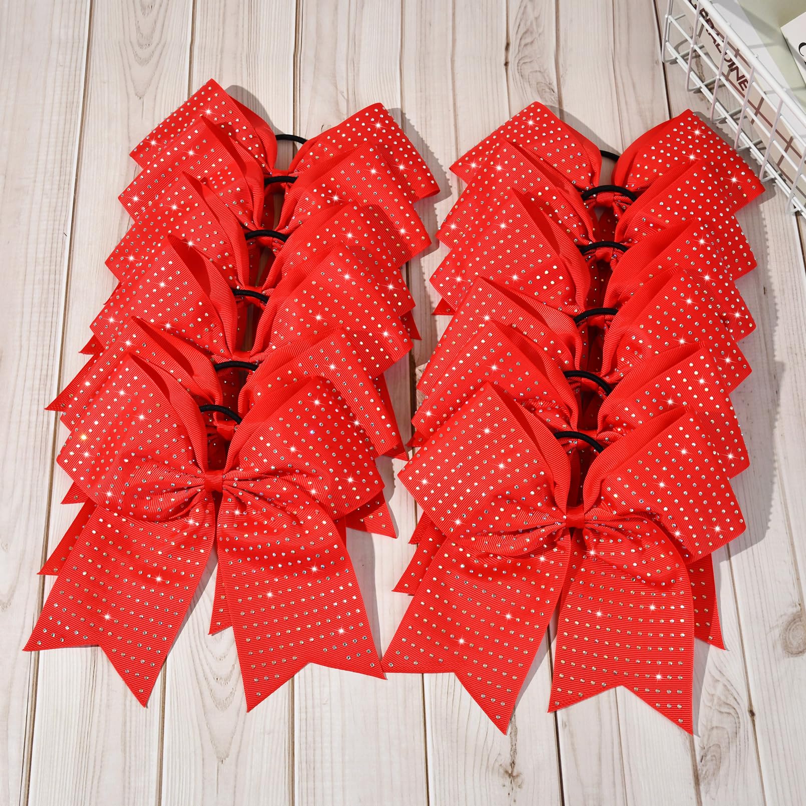 CEELGON 12 PCS Red Glitter Cheer Bows | 8-inch Large Rhinestone Hair Bows for Teens
