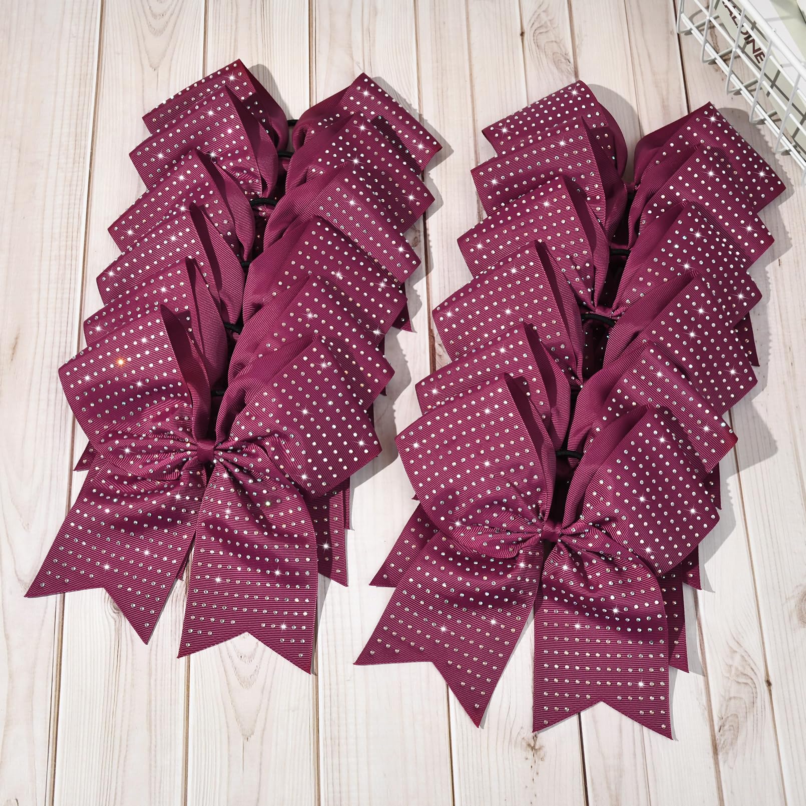 CEELGON 12 PCS Burgundy Glitter Cheer Bows – 8” Large Rhinestones for Teens