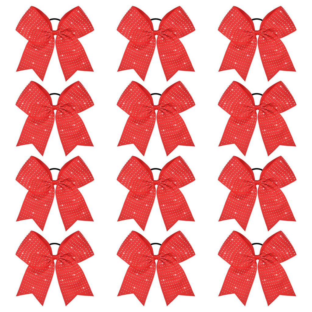 CEELGON 12 PCS Red Glitter Cheer Bows | 8-inch Large Rhinestone Hair Bows for Teens