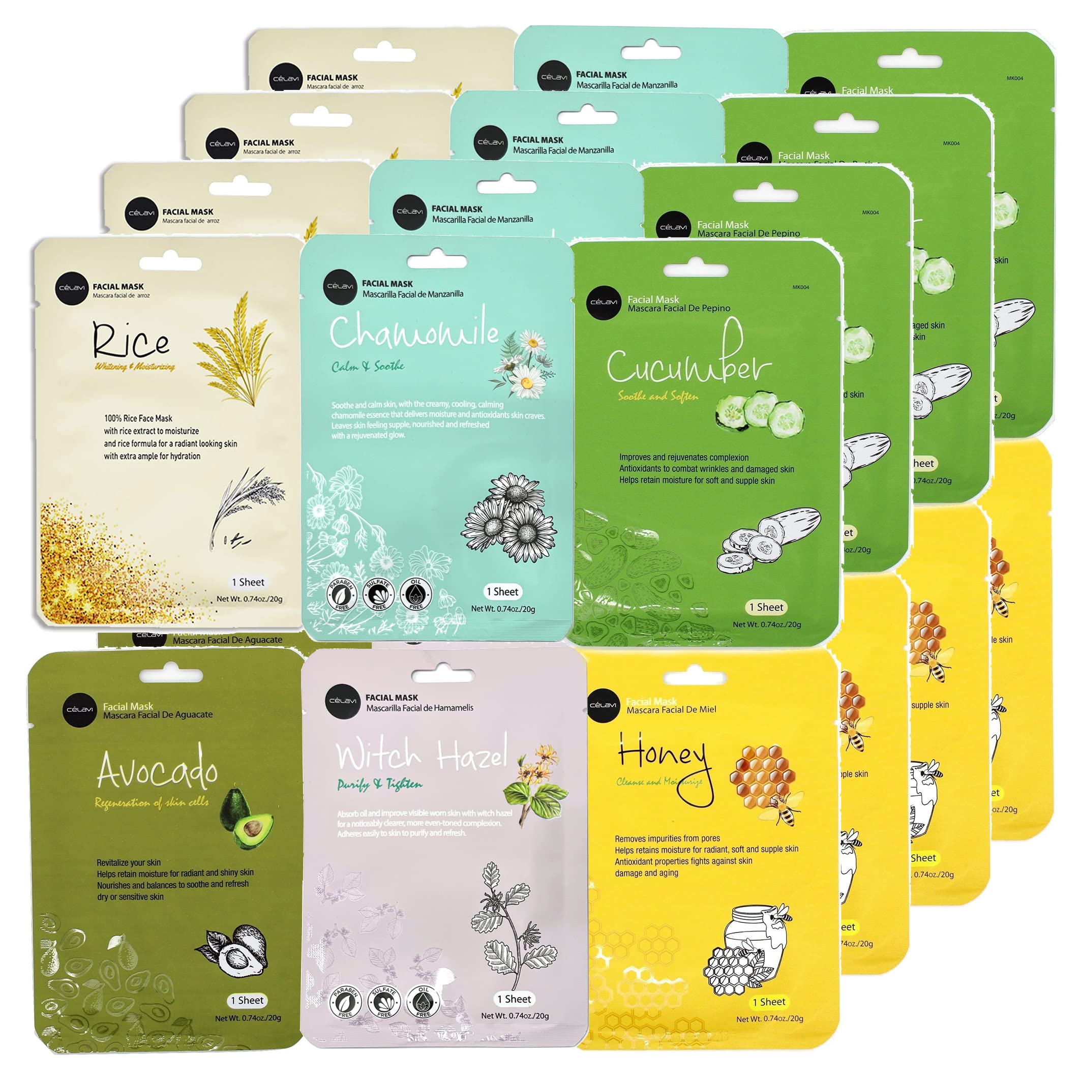 Celavi Essence Facial Mask B Set – 24 Sheet Masks (4x Each Variant) | K-Beauty Skincare