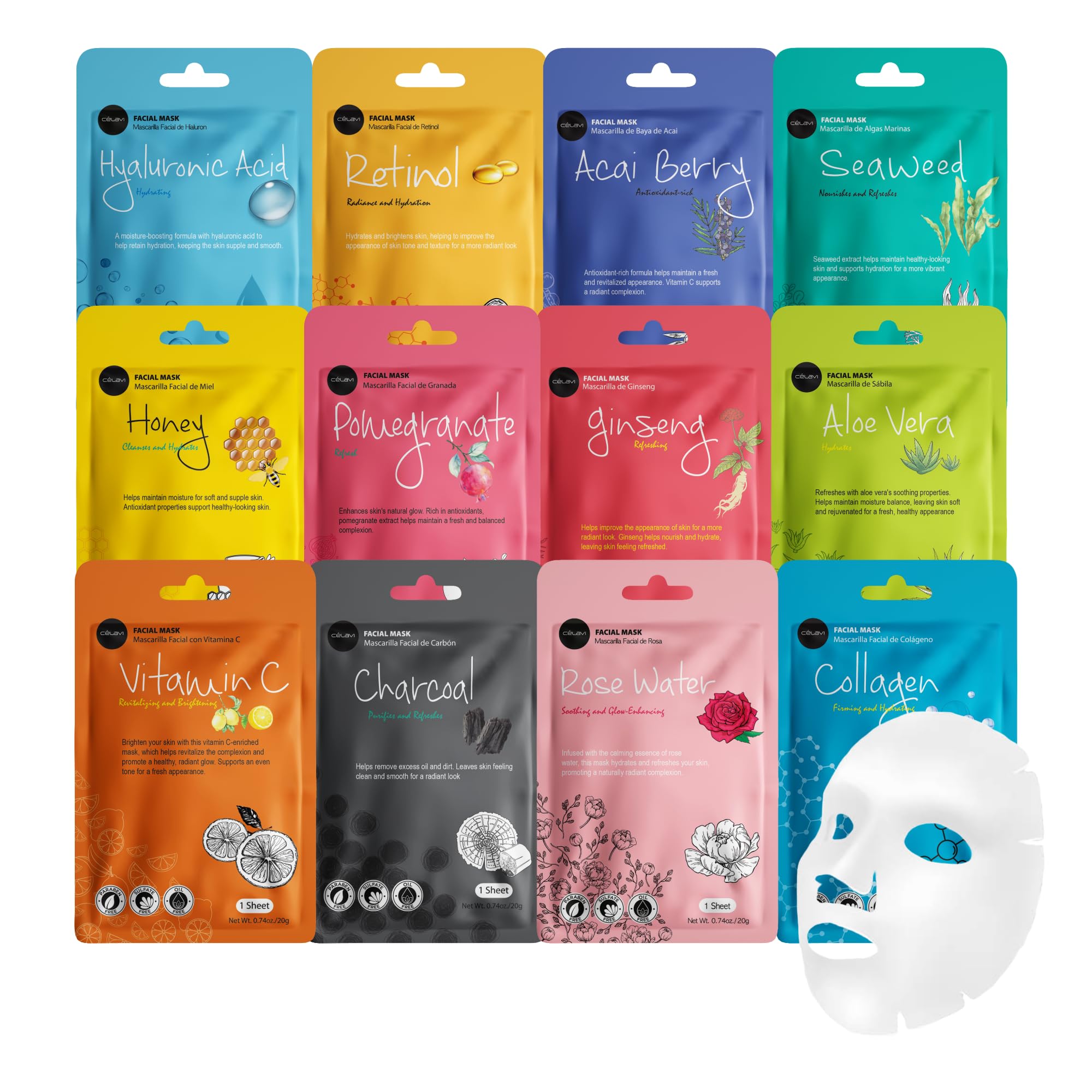 Celavi Face Mask Set – 48 K-Beauty Sheet Masks, 4 Packs of 12 Flavors, Made in Korea