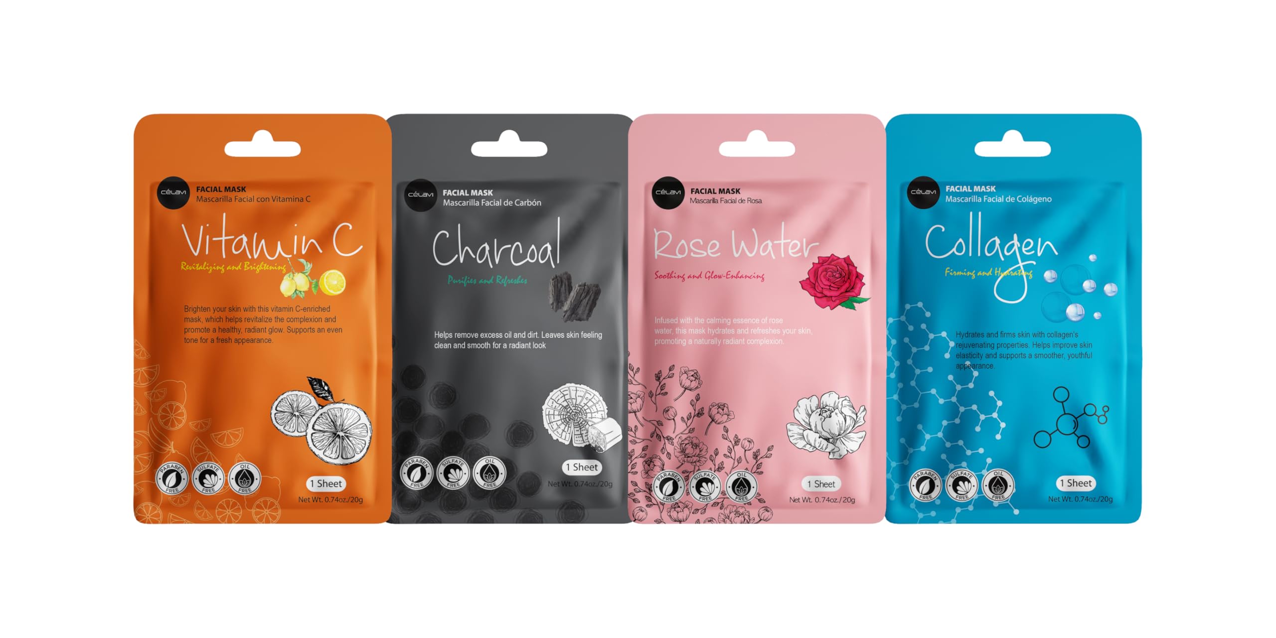 Celavi Face Mask Set – 48 K-Beauty Sheet Masks, 4 Packs of 12 Flavors, Made in Korea