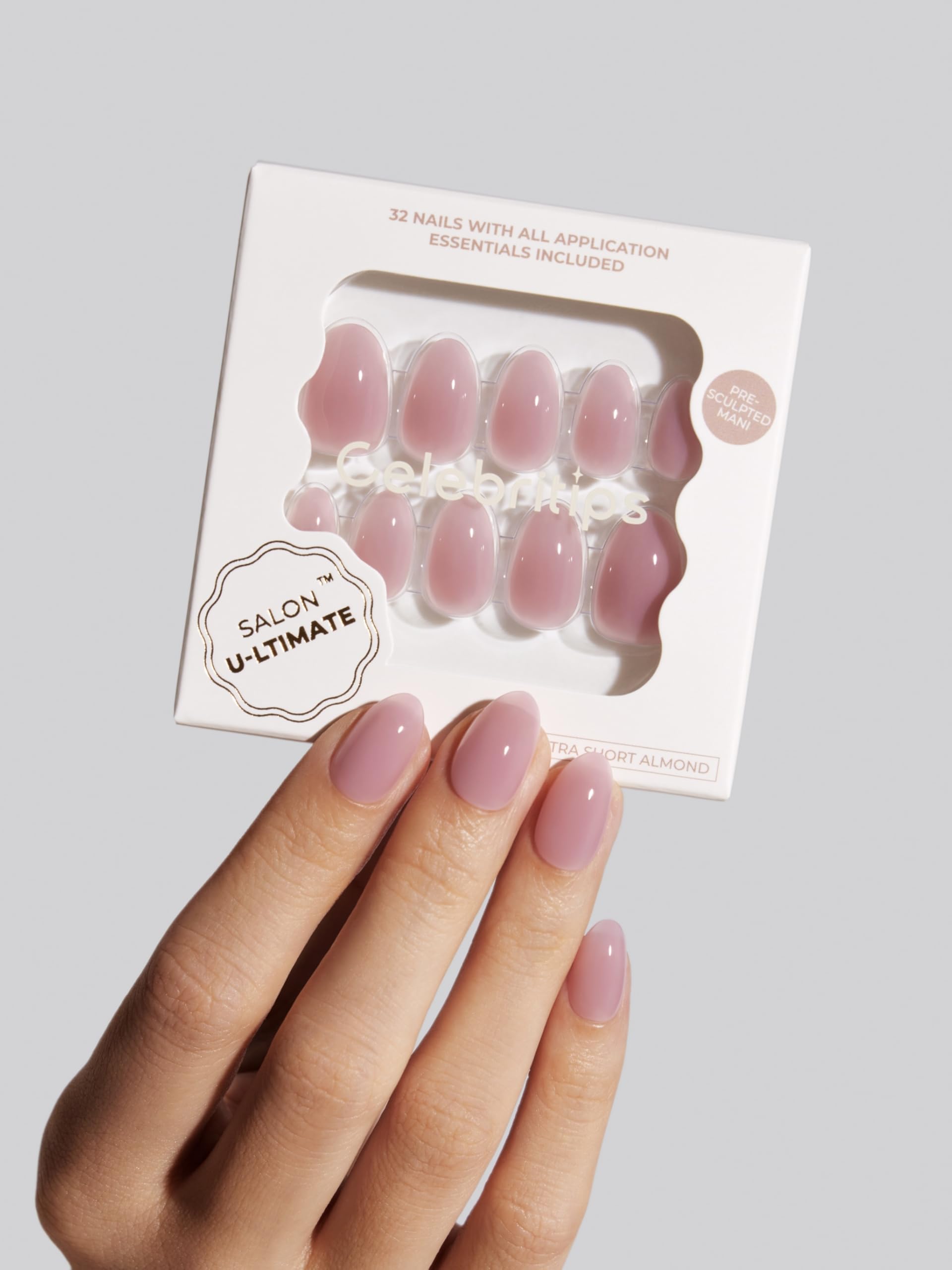 Celebritips Salon U-ltimate Misty Rose Nails – Extra Short Almond, Reusable Kit