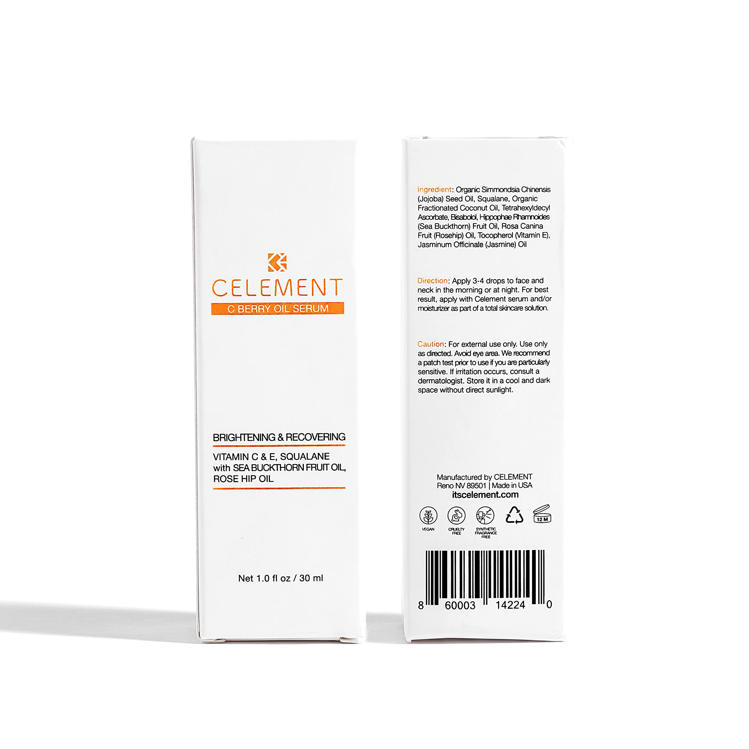 Celement C Berry Oil Serum with Vitamin C, Sea Buckthorn, Rosehip, Jojoba, Squalane – Brightening Serum for Even Tone, Nail & Cuticle Care – 1 fl oz