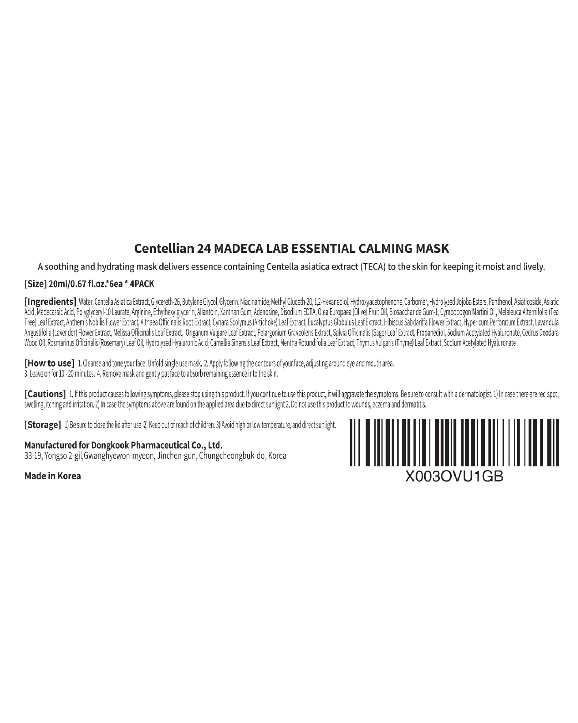 CENTELLIAN 24 Madeca Mask – Ultra Calming Sheet Mask with Centella TECA, Niacinamide (6pc)