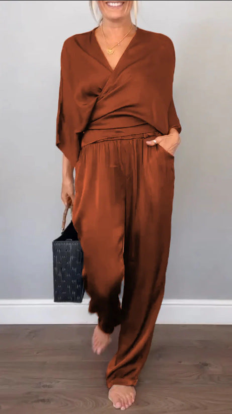 Womens Solid Color Satin Short Sleeve Top And Pants Set For Women