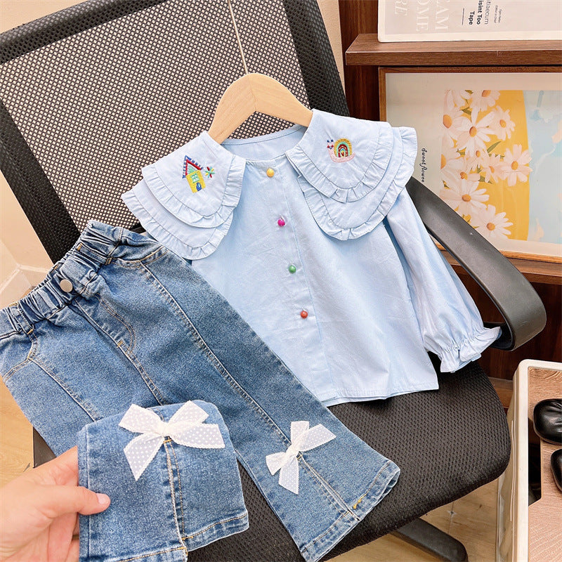 Cute Embroidered Collar Shirt And Denim Jeans Two-Piece Set For Girls