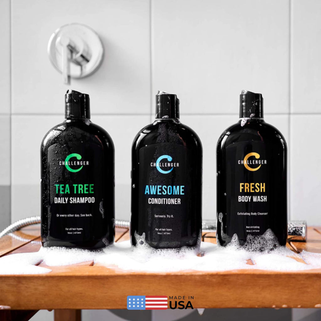 Challenger Men's Tea Tree Shampoo, Conditioner & Body Wash Trio | 3x16oz | Sulfate-Free with Argan Oil, Biotin, Keratin, Vitamins C & D, Protein, No Artificial Colors