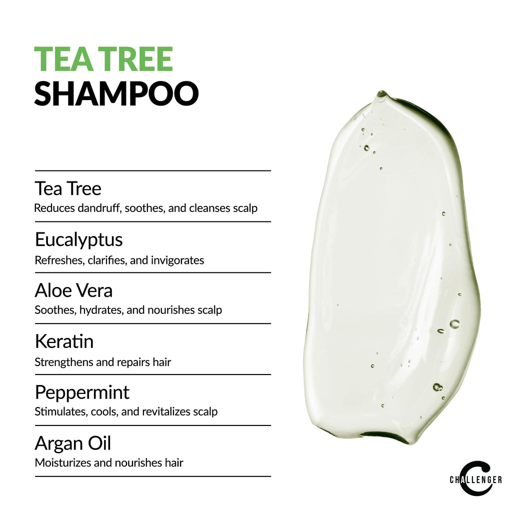 Challenger Men's Tea Tree Shampoo, Conditioner & Body Wash Trio | 3x16oz | Sulfate-Free with Argan Oil, Biotin, Keratin, Vitamins C & D, Protein, No Artificial Colors