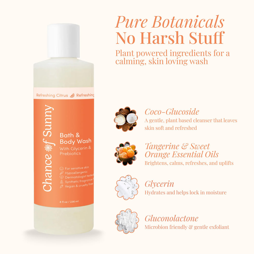 CHANCE OF SUNNY Refreshing Citrus Bath & Body Wash – Hypoallergenic, Vegan with Glycerin & Prebiotics (8 oz)