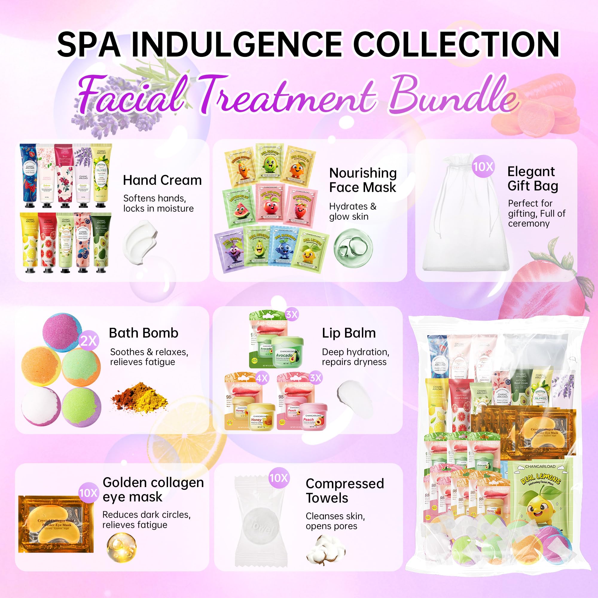 CHANGARLOAD 70-piece Spa Party Kit for 10 | Girls Spa Night Set with Masks, Balms, Bath Bombs
